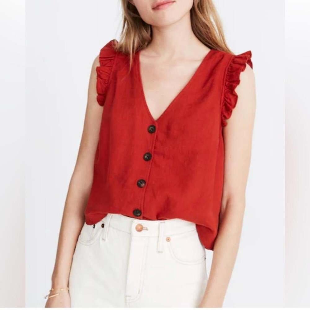 Madewell Women's Red Ruffle Button Blouse Size small (6)
